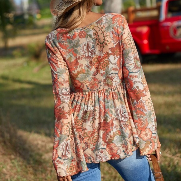 024 Boho Floral Tropical Print Front Tie Bell Sleeve Top - Picture 7 of 7